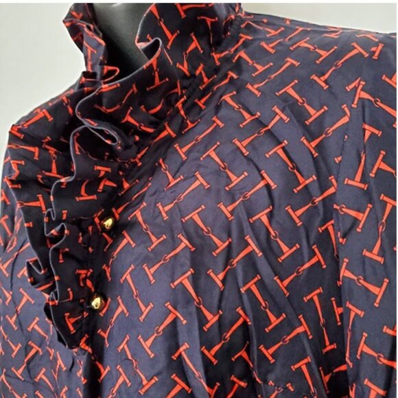 Elizabeth McKay Silk Ruffle Blouse Navy/Red Equestrian Chic T-Bar Print Top Sz 6 - Picture 4 of 13
